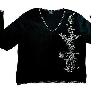 TRIBAL Black Floral Embroidered Women's Sweater, V neck, size XL